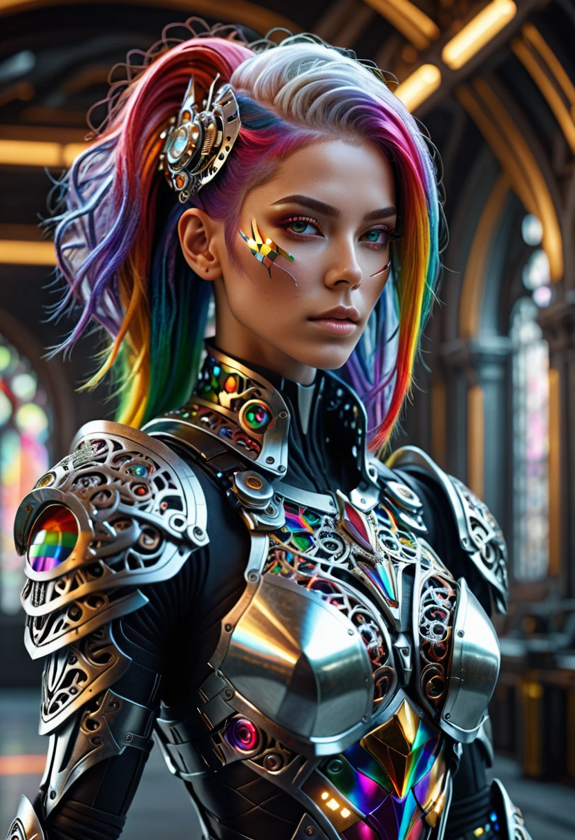 surreal photography of a stunning beautiful cyborg female, rainbow hair, huge breast, (beauty and detailed armor), delicate white filigree, intricate filigree, glowing, highly detailed, intricate detailed, face symmetry, masterpiece, award_winning, sharp focus, concept art, low key, 8k, uhd, octane render