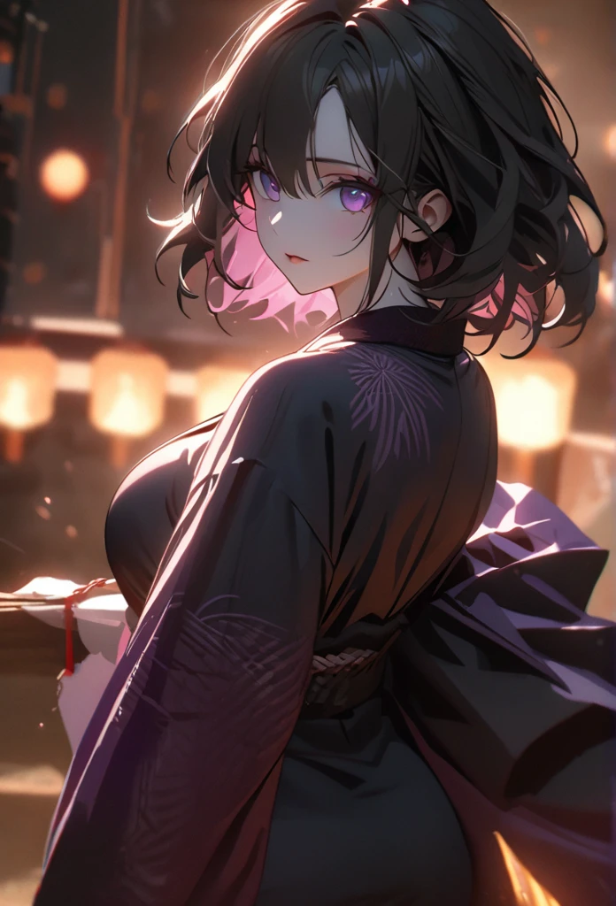 (solo), pitch black hair, messy hair, mane hair, short hair, dense hair, wild hair, expressive hai,(25 year old), pale skin, ((Female)), purple eyes, beautiful girl, wearing a black and purple kimono, beautiful, attractive, huge breast, big ass, Yin, eye reflection, depth of field, thunder aura, cinematic lighting, ray tracing, depth of field, cinematic lighting, ray tracing, UHD, high details, best quality, highres, high quality, award winning, super detail, masterpiece, 8k, UHD, high details, best quality, highres, high quality, award winning, super detail, masterpiece, 8k, digital art, anime coloring, body shot, full body, back shot, good face, perfect face, detailed face, good eyes. The background is space. A blackhole in the background.