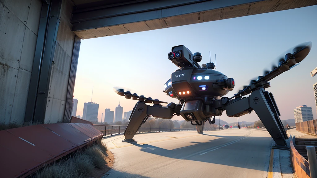Please generate an illustration of drone delivery. The application should include an AI intelligent path planning background that helps plan the correct flight paths for the drones. The scene should be set above a realistic, sci-fi style city with a blue sky. There should be three quadcopter drones flying in the air, carrying packages ready for delivery to customers. The drones will pass through a smart city, primarily conveying technology, innovation, and AI intelligent path planning. No text i