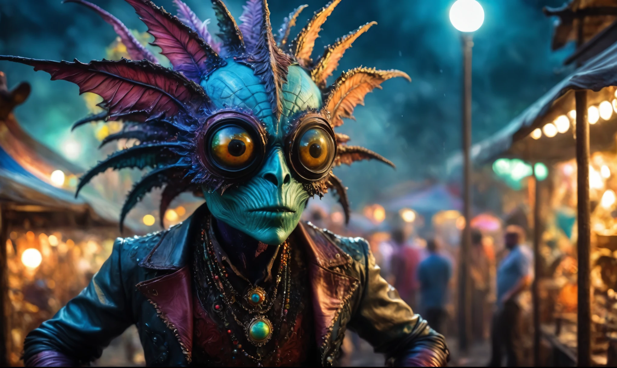 full-body-shot,niobium Manganite (The Alien Entity:Caribbean:0.5), wants eat,survival in Carnival Row,half-blode Pix,Cinematic,soft colors, Technicolor,natural skin textures, hyper realism, hyper detailed,Extremely detailed,High contrast,Masterpiece,Realistic,Ultra Detailed, intricate details,realistic humid leather,extremely intricate,Epic Realistic, cinematic style,irina yermolova,high contrast,HDR,extremely detailed, [deep night landscape],masterpiece,intricate details,faded,eyes extremely detailed, high detailed eyes,8k resolution,RAW,retina, Nikon Z9,complex background