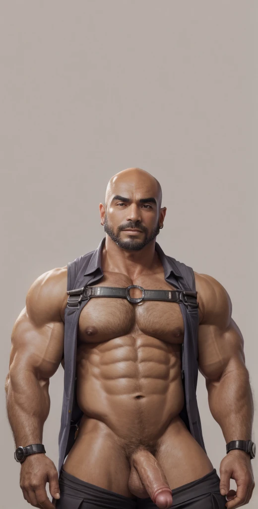 1boy, indian, solo, facial hair,84 yrs old, dom, male focus, flaccid penis, bald head, pectorals, bara, muscular, mature male, muscular male, abs, beard, ring nipples, chest harness, short hair, navel, stomach, large pectorals, thick eyebrows, bare pectorals, wrench_genshin_style, dark-skinned male, erection, thighs, erection under clothes, fancy suit, dark skin, tie, open shirt, jacket, grey business suit, pectoral cleavage, cowboy shot, cop agent uniform, feet out of frame, thick thighs, looking at viewer, masterpiece, 4k, high quality, highres, absurdres,