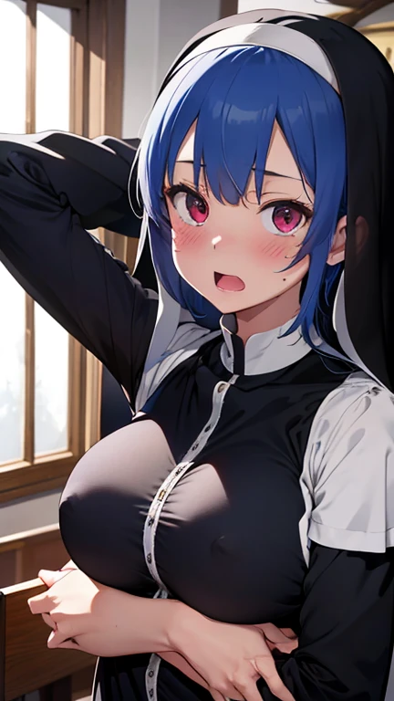 mastute piece,Best Quality,insanely detailed,8k cg,nsfw,
(shoot upper body:1.3),
(1girls:1.3),standing,looking at viewr,body in front,both arms behind back,(nun uniform:1.3),
break,
blush,shy,(ecstasy face),(trembling:1.2),break,(blue hair),
break,
perfect breasts,perfect teats,(open mouth:0.9),(large breasts:1.3),
(church)、