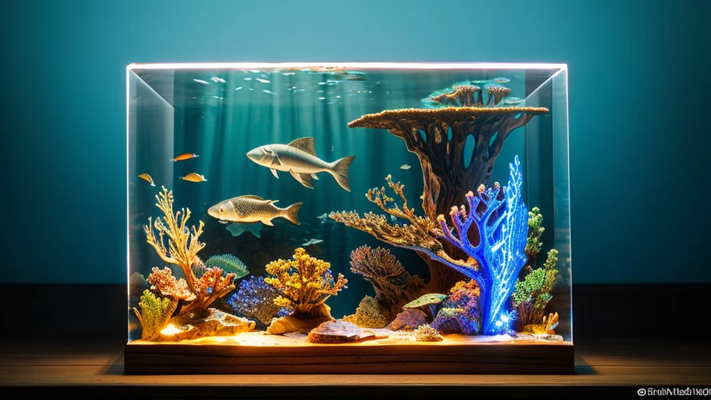 a piece of art features a wooden base with a clear acrylic sheet illuminated by LED lights, showcasing an etched design of an underwater cliff scene with divers drifting away to down and marine life. This type of artwork would use the light to create contrast and highlight the etched areas against the wood’s natural grain.