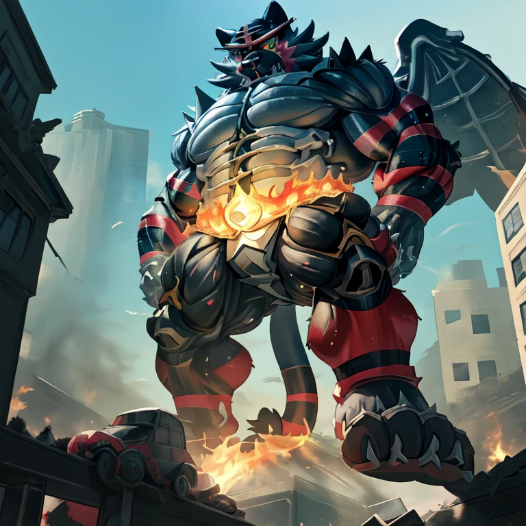 (masterpiece. official art. 8k. best quality. detailed full body. full body.)

(situation 1 : dominating Incineroar. Muscular Incineroar is trampling the CITY. macro. stomp. Low-angle perspective. emphasizing the immense size. The perspective is from below, emphasizing the sheer majesty and power of the Giant. giant art. He is much bigger than a skyscraper. Giga Giants. micro soccer field. looking down.)

(situation 2 :smoke and flames rising from the destruction in the city)

(Additional details 1: wearing a full-face helmet. helmet is jet black. The color of NANOSUIT is jet black. high-tech bio-mecha armor. real texture material. whole body shines like metal. Wearing cyberpunk mecha. emphasizes the muscles. suit fully made of metal. intricate armor. Robotic suit. NANOSUIT with the same design as Incineroar.).

(Additional details 2: (Detailed head. Detailed Body. Detailed abs. gigantic muscles. HYPER MUSCLES. Gigachad Muscular. big muscle. pecs. triceps. traps. unusually developed muscular body. body full of huge muscles. showing off muscles. pectorales enormes. Exaggeratedly huge muscles. huge muscles. long legs.).

(Additional details 3: nj5furry, Spread wings. It has wings. black have big wings. The claws are sharp. ).  (Incineroar has 5 toes.)