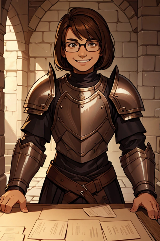 a brown hair nerd kid wearing knight armor, happy face, appeasing expression,