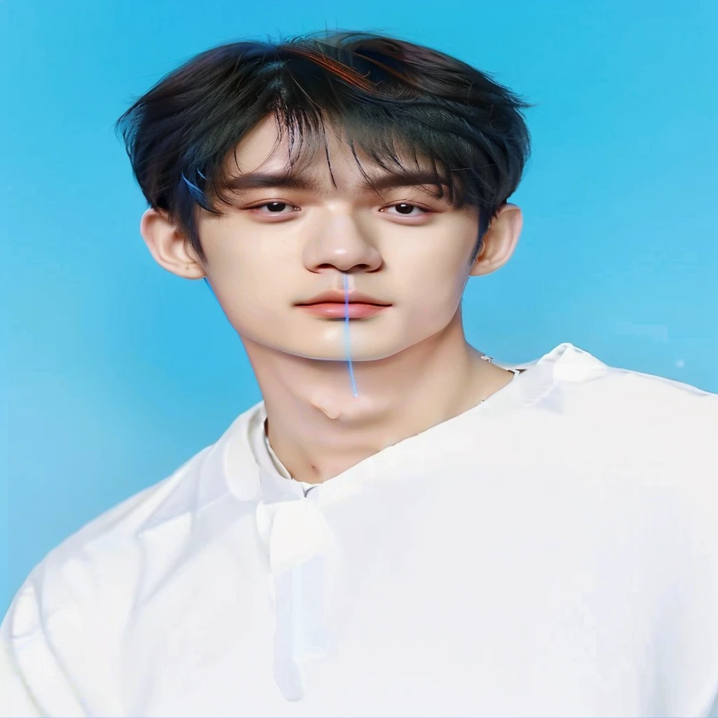 a close up of a person with a white shirt and a blue background, jinyoung shin, kim doyoung, yanjun chengt, taejune kim, jinyoung shin aesthetic, hyung tae, cai xukun, inspired by Yanjun Cheng, headshot profile picture, jung jaehyun, inspired by Bian Shoumin, beautiful young prince, hyung tae kim, hong june hyung