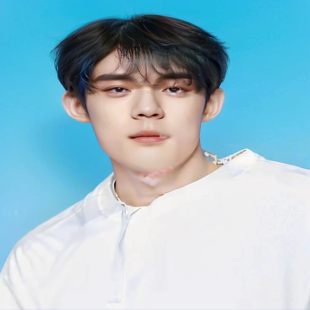 a close up of a person with a white shirt and a blue background, jinyoung shin, kim doyoung, yanjun chengt, taejune kim, jinyoung shin aesthetic, hyung tae, cai xukun, inspired by Yanjun Cheng, headshot profile picture, jung jaehyun, inspired by Bian Shoumin, beautiful young prince, hyung tae kim, hong june hyung