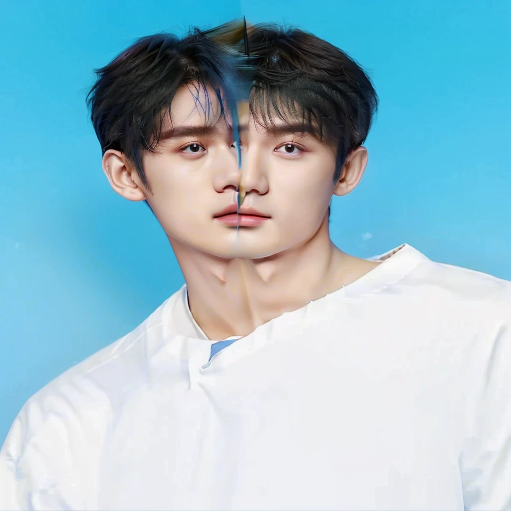 a close up of a person with a white shirt and a blue background, jinyoung shin, kim doyoung, yanjun chengt, taejune kim, jinyoung shin aesthetic, hyung tae, cai xukun, inspired by Yanjun Cheng, headshot profile picture, jung jaehyun, inspired by Bian Shoumin, beautiful young prince, hyung tae kim, hong june hyung
