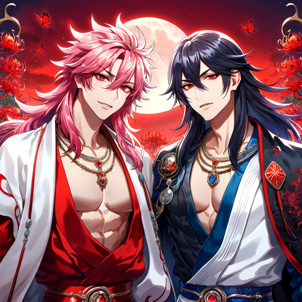 absurdres, highres, ultra detailed, HDR, master piece, best quality, extremely detailed face, delicated features, Xue Yu, untamed spiky hair, black long hair, hair between the eyes, expressive red eyes, Thousand Years War, Ryoumen Sukuna, pink hair, expressive red eyes, two sexy men together, handsome, toned chest, black cape, red robes, white robes, accessories, patterns, red sky, red butterflies, red spider lilies, fantasy, magical, radiant moon