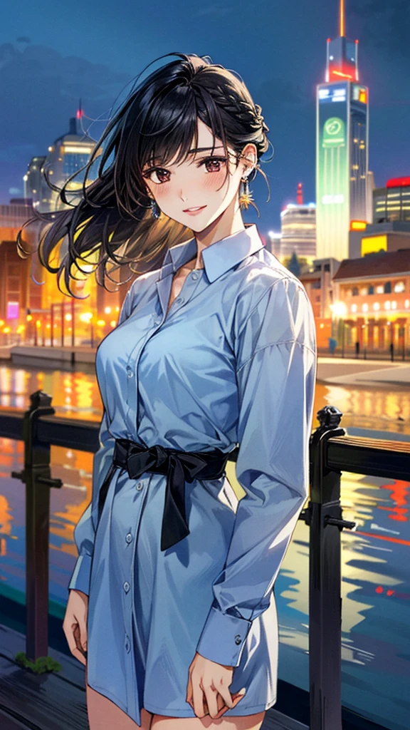 (masterpiece:1.3, Highest quality, Ultra-high resolution, Super detailed), (Realistic, photoRealistic:1.4), Beautiful illustrations, Perfect lighting, colorful, Depth of written boundary, Beautiful detailed hair, Beautifully detailed face, Beautiful fine details, Droopy eyes、Beautiful clavicle, Beautiful body, 美しいLarge Breasts, Beautiful thighs, Beautiful feet, Beautiful fingers, View Viewer、Front view:0.6, Beauty1人, Japanese, Beauty、30 years old, Perfect Face, (Perfect Anatomy, Anatomically correct), Cute and symmetrical face, , , Shiny skin, (with thin belt、Blue long sleeve A-line collared shirt dress:1.4) (Black Hair, Updo Hair:1.4), braided bangs、Dark brown eyes, Large Breasts, Slim body, necklace, Small earrings:1.1, (Beautiful views), (night), (city, cityscape in the distance), Riverside、bench、benchに座っている, A soft smile、(Smile, Lips parted),