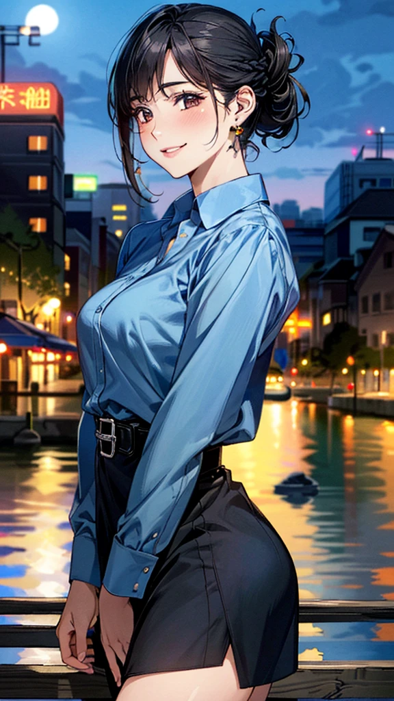 (masterpiece:1.3, Highest quality, Ultra-high resolution, Super detailed), (Realistic, photoRealistic:1.4), Beautiful illustrations, Perfect lighting, colorful, Depth of written boundary, Beautiful detailed hair, Beautifully detailed face, Beautiful fine details, Droopy eyes、Beautiful clavicle, Beautiful body, 美しいLarge Breasts, Beautiful thighs, Beautiful feet, Beautiful fingers, View Viewer、Front view:0.6, Beauty1人, Japanese, Beauty、30 years old, Perfect Face, (Perfect Anatomy, Anatomically correct), Cute and symmetrical face, Baby Face, , Shiny skin, (with thin belt、Blue long sleeve A-line collared shirt dress:1.4) (Black Hair, Updo Hair:1.4), braided bangs、Dark brown eyes, Large Breasts, Slim body, necklace, Small earrings:1.1, (Beautiful views), (night), (city, cityscape in the distance), Riverside、bench、benchに座っている, A soft smile、(Smile, Lips parted),