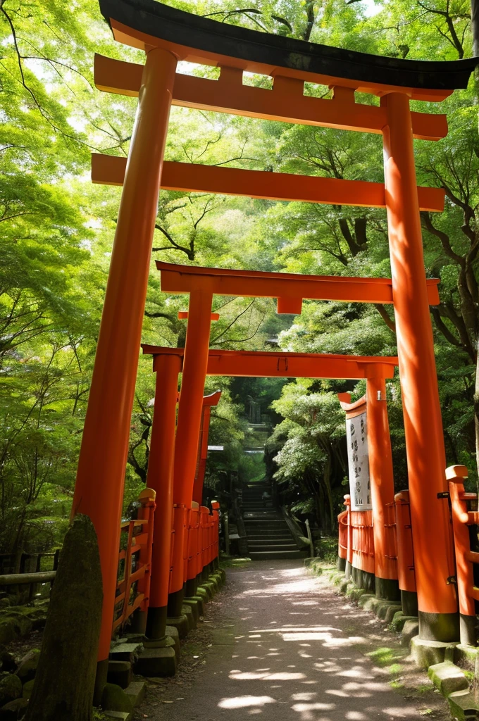 Create a highly realistic, photo-like image of the mystical scenery of Fushimi Inari Shrine. Focus on the iconic red torii gates winding through the forested path, with soft sunlight filtering through the trees. Capture the serene and spiritual atmosphere, with lush greenery and a clear blue sky, emphasizing the enchanting beauty of the shrine