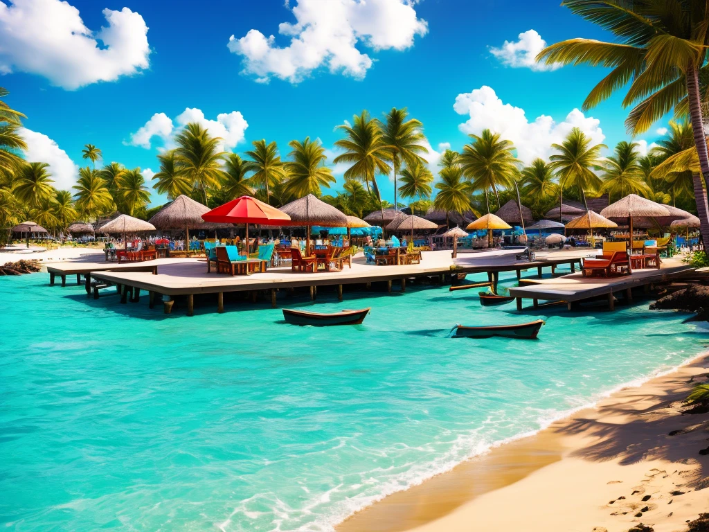 there are many stools on the beach near a bar, WITH A BEAUTIFUL GIRL the beach bar, beach setting, in a beachfront environment, bar, paradise in the background, overlooking the beach, caribbean, beautiful high resolution, carribean turquoise water, beachfront, a hyper realistic, jamaica, eye - level view, aruba, digitally painted, detailed scene, tropical paradise, background bar