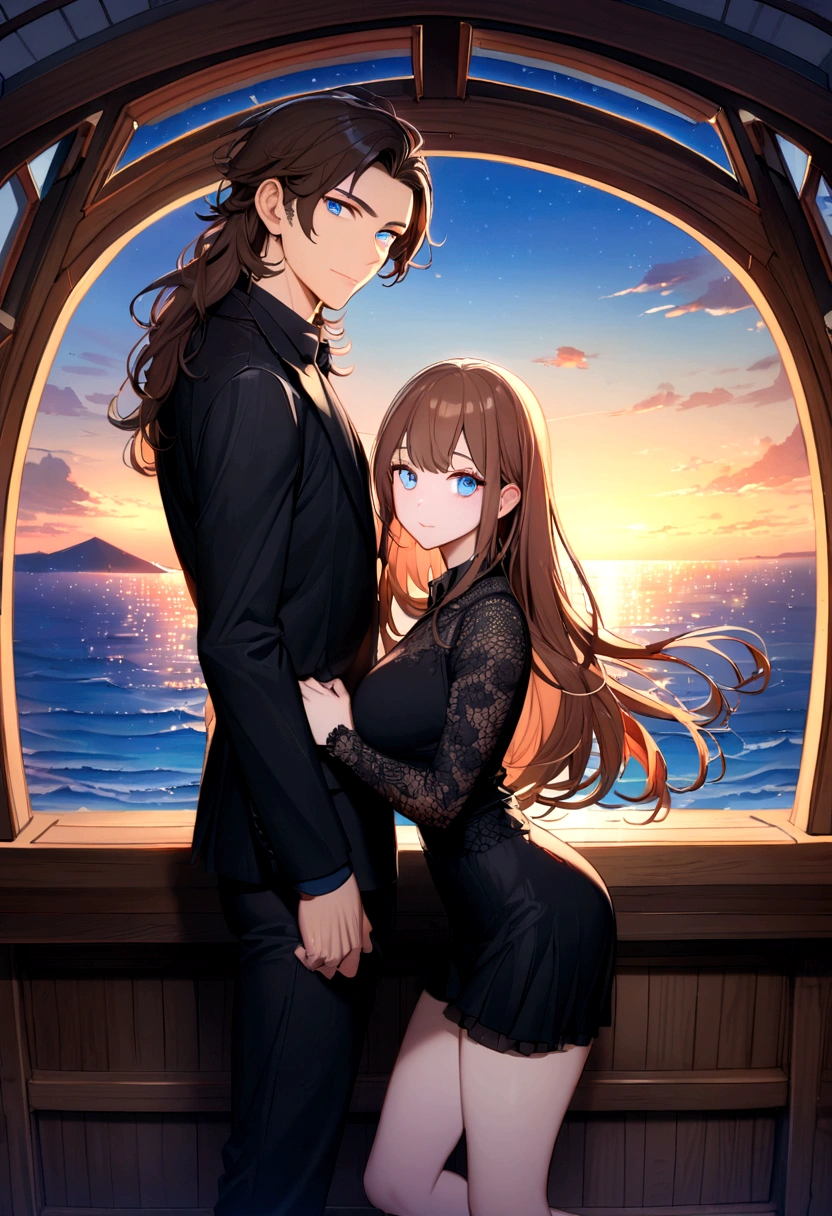 (Highest quality)Couple photo, young man,brown hair,blue eyes,Black suit shirt,middle aged woman,long hair,brown hair,blue eyes,sexy figure ,Black suit shirt,black skirt,Turn to look at the viewer,standing on the edge of the boat,Beautiful morning light(boat roof, overlooking the sea, Detailed background (little light pollution)) look back