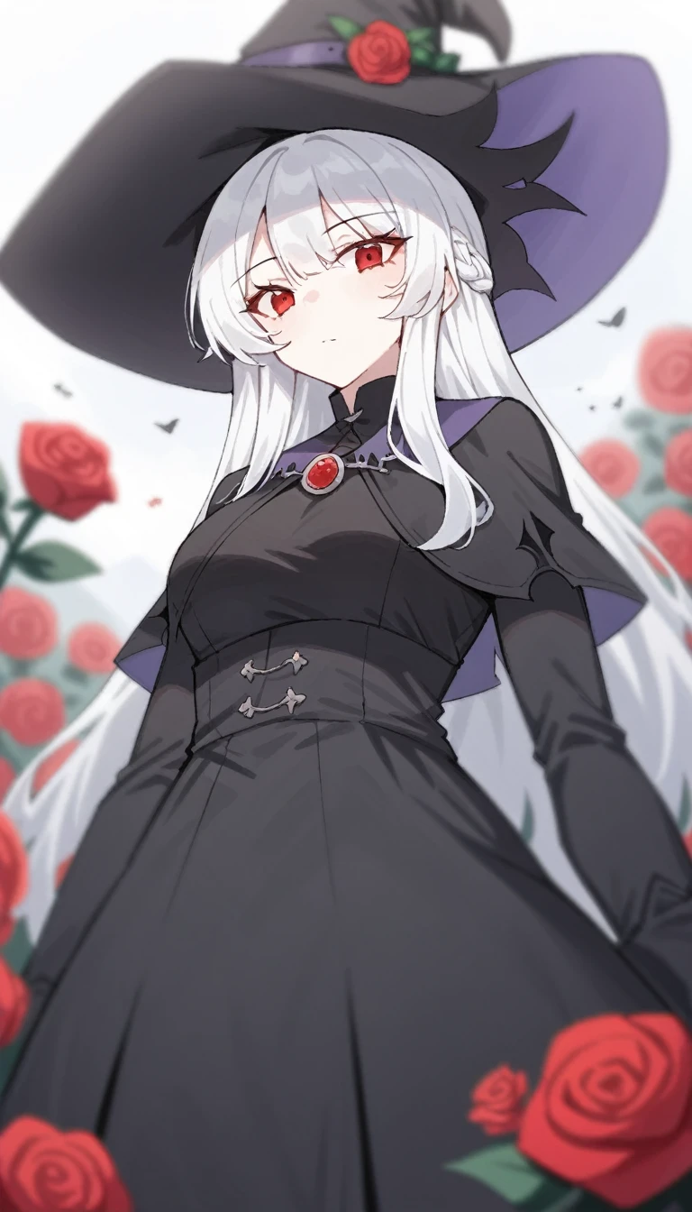 score_9, score_8_superior, score_7_superior, score_6_superior,Anime image of a cute witch wearing a witch hat and black costume, one witch, red eyes, solo, long hair, hat, looking at the viewer, flowers in the hat, white hair, upper body, dress, flowers, black hat, bangs , black dress , rose、、blurry background,shoot from below
