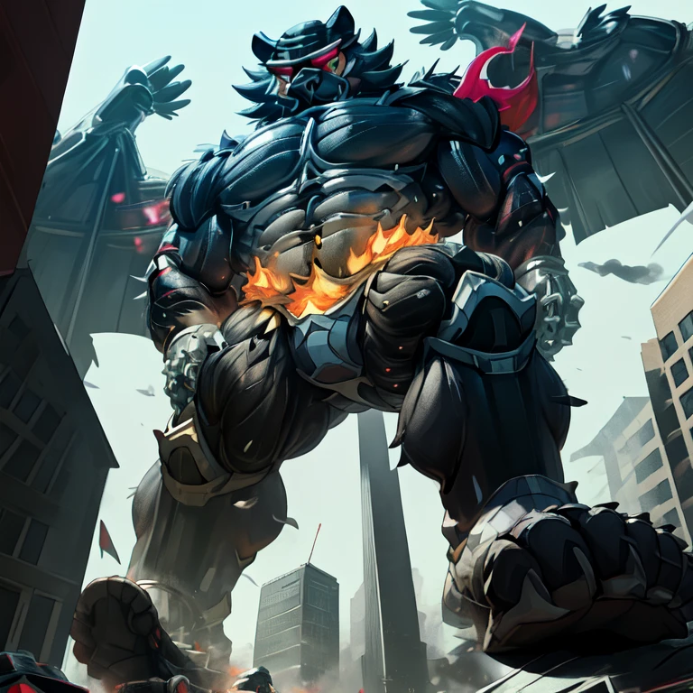 (masterpiece. official art. 8k. best quality. detailed full body. full body.)

(situation 1 : dominating Incineroar. Muscular Incineroar is trampling the CITY. macro. stomp. Low-angle perspective. emphasizing the immense size. The perspective is from below, emphasizing the sheer majesty and power of the Giant. giant art. He is much bigger than a skyscraper. Giga Giants. micro soccer field. looking down.)

(situation 2 :smoke and flames rising from the destruction in the city)

(Additional details 1: wearing a full-face helmet. helmet is jet black. The color of NANOSUIT is jet black. high-tech bio-mecha armor. real texture material. whole body shines like metal. Wearing cyberpunk mecha. emphasizes the muscles. suit fully made of metal. intricate armor. Robotic suit. NANOSUIT with the same design as Incineroar.).

(Additional details 2: (Detailed head. Detailed Body. Detailed abs. gigantic muscles. HYPER MUSCLES. Gigachad Muscular. big muscle. pecs. triceps. traps. unusually developed muscular body. body full of huge muscles. showing off muscles. pectorales enormes. Exaggeratedly huge muscles. huge muscles. long legs.).

(Additional details 3: nj5furry, Spread wings. It has wings. black have big wings. The claws are sharp. ).  (Incineroar has 5 toes.)