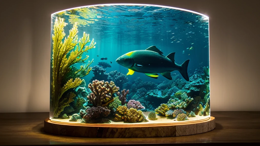 A 3D CGI depicting a piece of art features a wooden base with a clear acrylic sheet standing vertically above it and illuminated by LED lights, showcasing an etched design of an underwater cliff scene using a palettes of oceanic blues, greens, coral purples, and yellows, with a diver wearing with lit stripped suit , drifting away to down and marine life while breathing out bubbles, This type of artwork would use the light to create contrast and highlight the etched areas against the wood’s natural grain