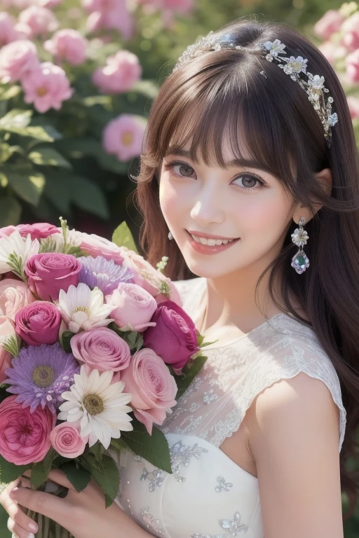 Beautiful girl holding a pale color big bouquet,giving a bouquet to the viewer,pink dress, straight bangs,((big smile)), looking at the viewer,happy mood,shining, realistic, super detailed,16k,masterpiece,high quality,crystals are on the flowers,casual hair accessories,shining background,celebrating,enamel quilting background,