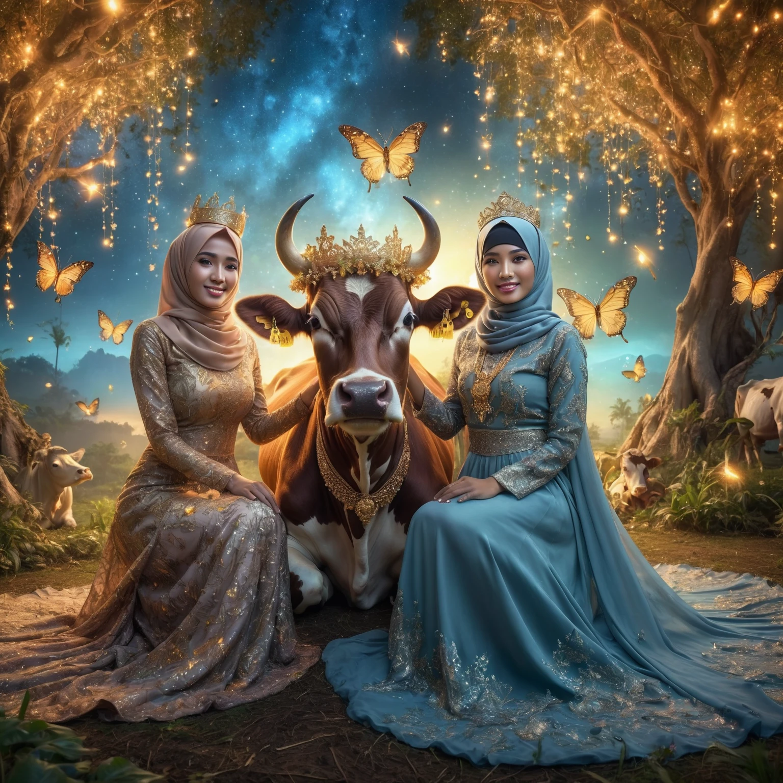 Stunning fantasy image, an two Indonesian woman wearing a hijab and glamorous Muslim dress posing sitting with a cow while holding its head. The cow is wearing a gold necklace and crown, gaze at the camera, with a stunning abstract background in a paradise garden lit up by very beautiful fireflies, butterflies -butterflies decorating them, surreal background, she smiles, very pampering, Taken using iPhone15 Pro Max Camera, 1536px, photorealistic, high quality