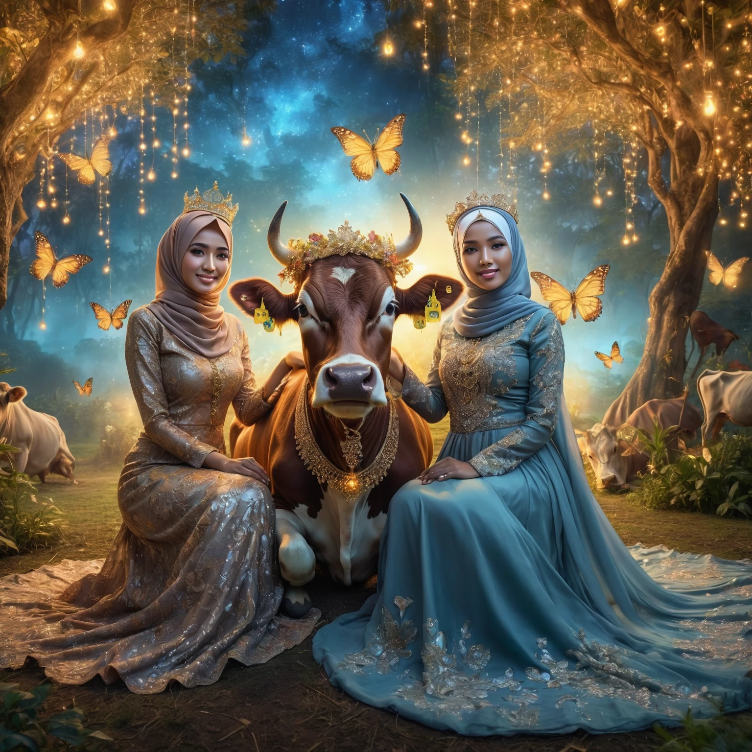 Stunning fantasy image, an two Indonesian woman wearing a hijab and glamorous Muslim dress posing sitting with a cow while holding its head. The cow is wearing a gold necklace and crown, gaze at the camera, with a stunning abstract background in a paradise garden lit up by very beautiful fireflies, butterflies -butterflies decorating them, surreal background, she smiles, very pampering, Taken using iPhone15 Pro Max Camera, 1536px, photorealistic, high quality