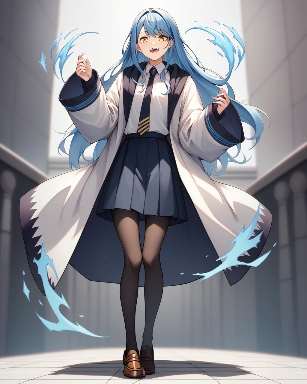 score_9, score_8_superior, score_7_superior,
 I love cute,One girl, alone, Navy Blue Hair, Long Hair,Jagged teeth、Beauty、 Yellow Eyes, skirt,Black Pantyhose,White shirt, Sleeves are longer than your fingers, loafers, Robe, Sleeves are longer than the wrist,electric magic