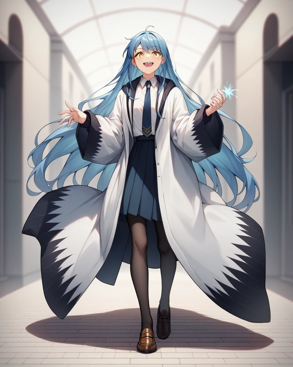 score_9, score_8_superior, score_7_superior,
 I love cute,One girl, alone, Navy Blue Hair, Long Hair,Jagged teeth、Beauty、 Yellow Eyes, skirt,Black Pantyhose,White shirt, Sleeves are longer than your fingers, loafers, Robe, Sleeves are longer than the wrist,electric magic