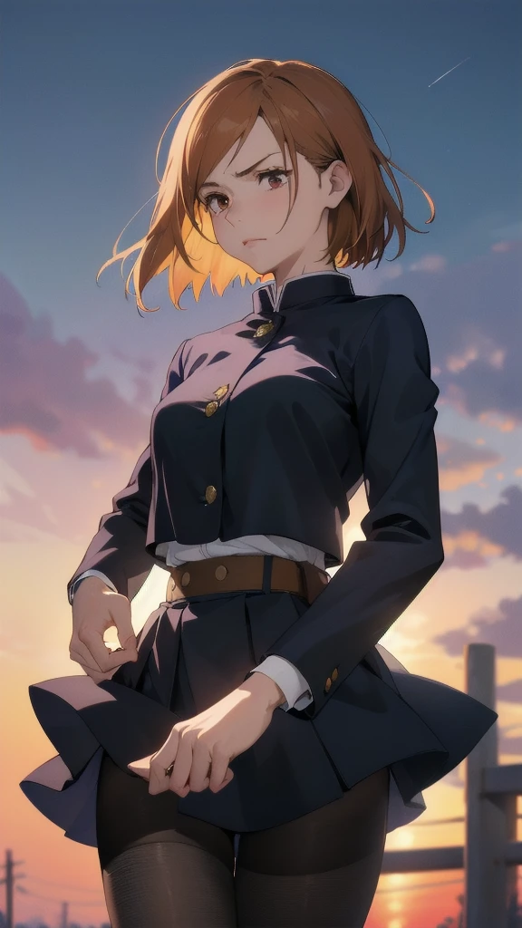(masterpiece, Highest quality:1.2), Cowboy Shot, alone, One girl, kugisaki nobara, Expressionless, Mouth closed, View your viewers, Black jacket, skirt, pantyhose ,lace panties,
break masterpiece ,8k unity wallpaper,anime key visual,highest quality, High resolution, (shape:0.8),anime coloring,
highly detailed face, detailed eyes,growing eyes,shiny skin,fine skin,white skin,dense skin,detailed hair,highly detailed legs,
perfect lighting, Detailed CG,
(perfect hands, perfect anatomy),High resolution,
Break slender limbs, delicate curves, dainty hands,figure:0.8,