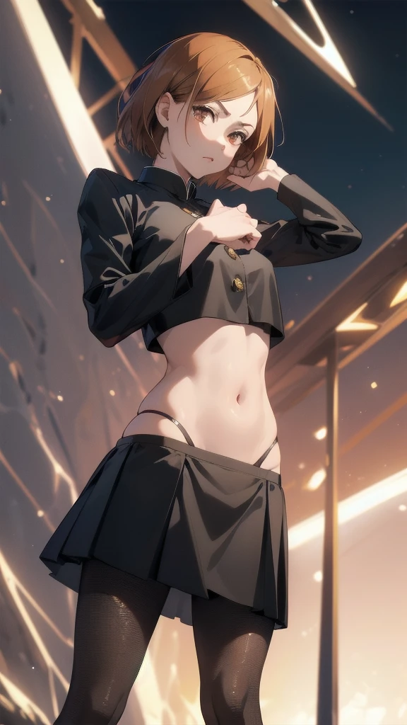 (masterpiece, Highest quality:1.2), Cowboy Shot, alone, One girl, kugisaki nobara, Expressionless, Mouth closed, View your viewers, Black jacket, skirt, pantyhose ,lace panties,
break masterpiece ,8k unity wallpaper,anime key visual,highest quality, High resolution,  (shape:0.8),anime coloring,
highly detailed face, detailed eyes,growing eyes,shiny skin,fine skin,white skin,dense skin,detailed hair,highly detailed legs,
perfect lighting, Detailed CG, 
(perfect hands, perfect anatomy),High resolution,
Break slender limbs, delicate curves, dainty hands,figure:0.8,