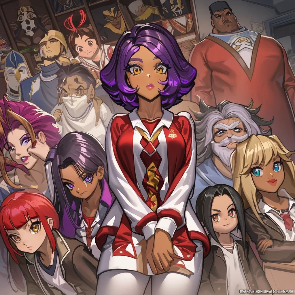Obra de arte, melhor qualidade, extremamente detalhado,dutch angle, anime,Large school sweater、saia xadrez xadrez,pele bronzeada,15 anos ,dark skin tiny body,peito pequeno,baby face,hand between legs,QUEBRAR,cabelo roxo escuro multicolorido,rabo de cavalo lateral,cabelo curto com mechas longas,QUEBRAR,olhos vermelhos,sobrancelha grossa,inexpressivo,Detailed lips,False eyelashes,QUEBRAR,red cotton ribbon,QUEBRAR,QUEBRAR,microssaia,QUEBRAR,escola, escolar, cute girls, scholl scenary, boys and girls
