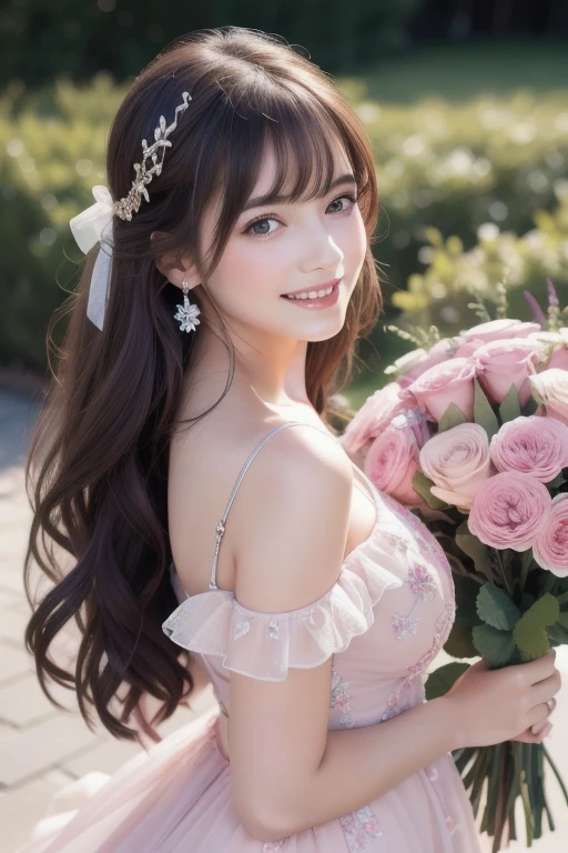 Beautiful girl holding a pale color big bouquet,giving a bouquet to the viewer,pink dress, straight bangs,((big smile)), looking at the viewer,happy mood,shining, realistic, super detailed,16k,masterpiece,high quality,crystals are on the flowers,casual hair accessories,shining background,celebrating,enamel quilting background,