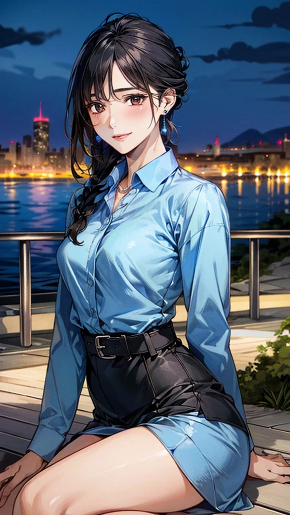 (masterpiece:1.3, Highest quality, Ultra-high resolution, Super detailed), (Realistic, photoRealistic:1.4), Beautiful illustrations, Perfect lighting, colorful, Depth of written boundary, Beautiful detailed hair, Beautifully detailed face, Beautiful fine details, Droopy eyes、Beautiful clavicle, Beautiful body, 美しいLarge Breasts, Beautiful thighs, Beautiful feet, Beautiful fingers, View Viewer、Front view:0.6, Beauty1人, Japanese, Beauty、30 years old, Perfect Face, (Perfect Anatomy, Anatomically correct), Cute and symmetrical face, Baby Face, , Shiny skin, (with thin belt、Blue long sleeve A-line collared shirt dress:1.4) (Black Hair, Updo Hair:1.4), braided bangs、Dark brown eyes, Large Breasts, Slim body, necklace, Small earrings:1.1, (Beautiful views), (night), (city, cityscape in the distance), Riverside、Sitting on a bench, A soft smile、(Smile, Lips parted),