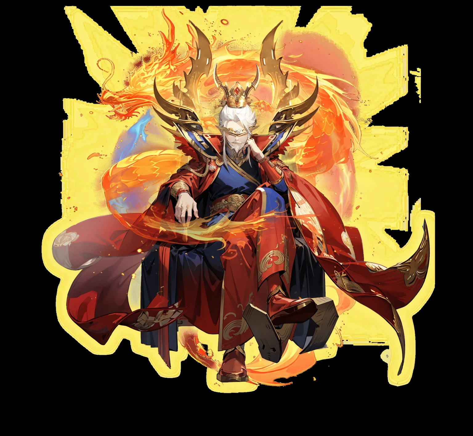 male,Chinese emperor,,Three Kingdoms时期,Golden red robe,Phnom Penh red cape,Golden shoulder blade,Gold bracers,White hair,Three Kingdoms,White background