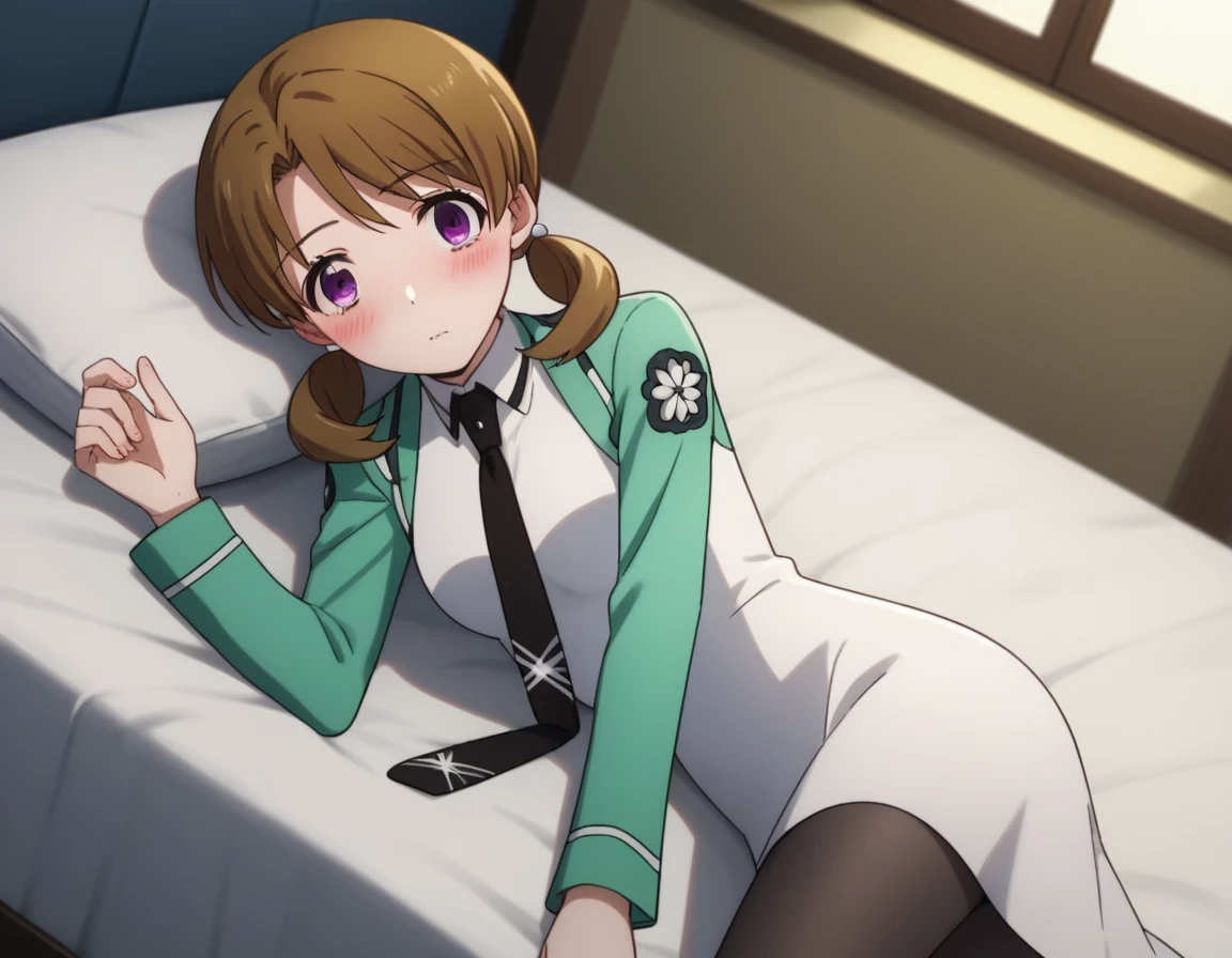 score_9, score_8_up, score_7_up, source_anime,
honokamitsui, honoka mitsui, bangs, brown hair, twintails, purple eyes, low twintails,
long sleeves, dress, , pantyhose, necktie, white dress, black necktie,
indoors, bed, bed room, on side, blush, drunk,
solo, dutch angle, looking at viewer, cowboy shot,