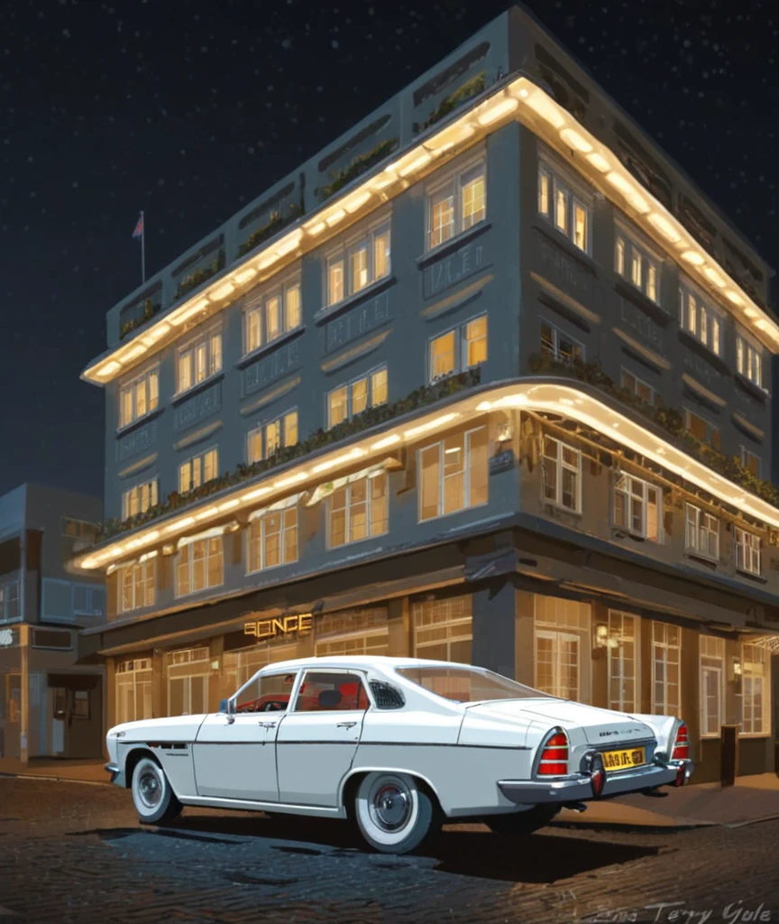 art by terry moyle, new zealand, , white and brass science fiction hovering industrial luxury car by a downtown hotel, science fiction, night time, volumetric light, dutch angle, cinematic angle