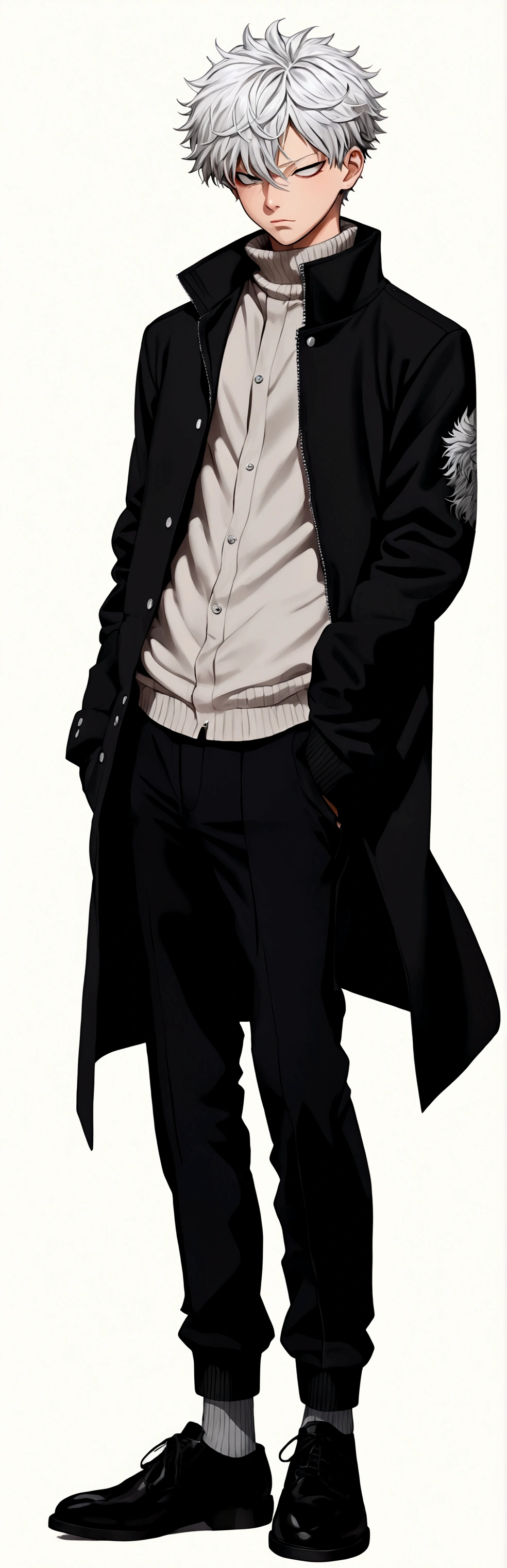 Jujutsu Kaisen,Satoru Gojo,solo, short hair, bangs, dim light background,, shirt, long sleeves, 1boy, white background, hair between eyes, closed mouth, standing, jacket, full body, opened eyes, white shirt, white hair, male focus, shoes, socks, pants, hand up, black footwear, coat, black jacket, fur trim, turtleneck, black pants, jacket on shoulders, coat on shoulders