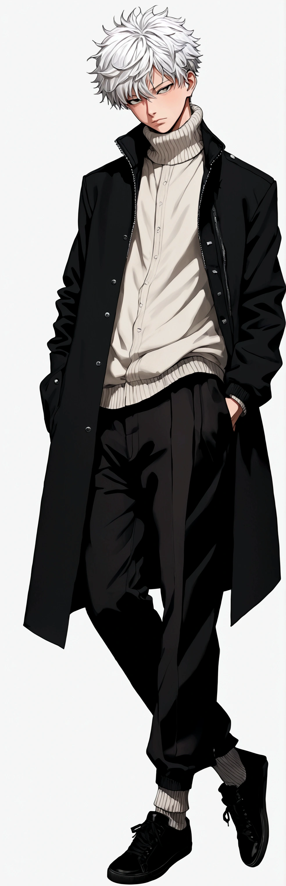 Jujutsu Kaisen,Satoru Gojo,solo, short hair, bangs, dim light background,, shirt, long sleeves, 1boy, white background, hair between eyes, closed mouth, standing, jacket, full body, opened eyes, white shirt, white hair, male focus, shoes, socks, pants, hand up, black footwear, coat, black jacket, fur trim, turtleneck, black pants, jacket on shoulders, coat on shoulders