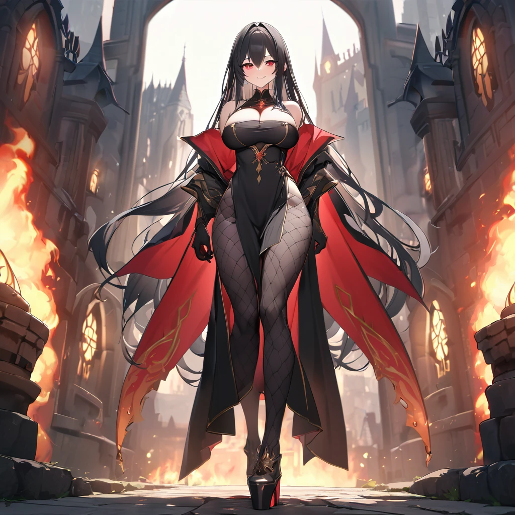 A woman wearing a traditional red witch's tunic with gold details, large breasts, red heels, traditional red witch's hat with gold details, holding a staff with a yellow crystal with fire, black hair, long hair, hair down to the legs,standing, postured, exposed shoulders, body mature, walking on the outside of a black medieval castle, gray platform, sadistic smile, smiling, red eyes, perfect face,UHD , work- prime, precise, anatomically correct, textured skin, super details, high quality, best quality, 8k, high resolution, bokeh effect. (woman solo)