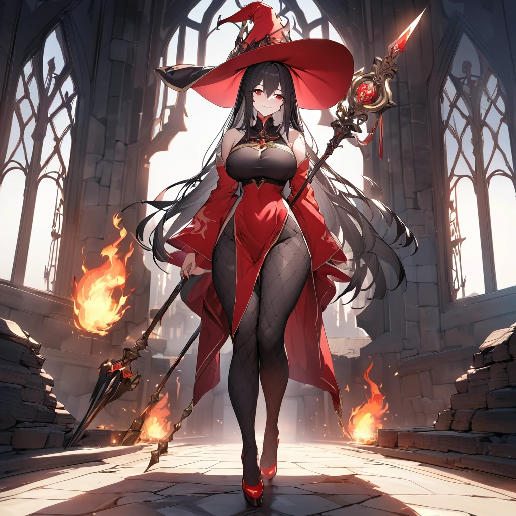 A woman wearing a traditional red witch's tunic with gold details, large breasts, red heels, traditional red witch's hat with gold details, holding a staff with a yellow crystal with fire, black hair, long hair, hair down to the legs,standing, postured, exposed shoulders, body mature, walking on the outside of a black medieval castle, gray platform, sadistic smile, smiling, red eyes, perfect face,UHD , work- prime, precise, anatomically correct, textured skin, super details, high quality, best quality, 8k, high resolution, bokeh effect. (woman solo)