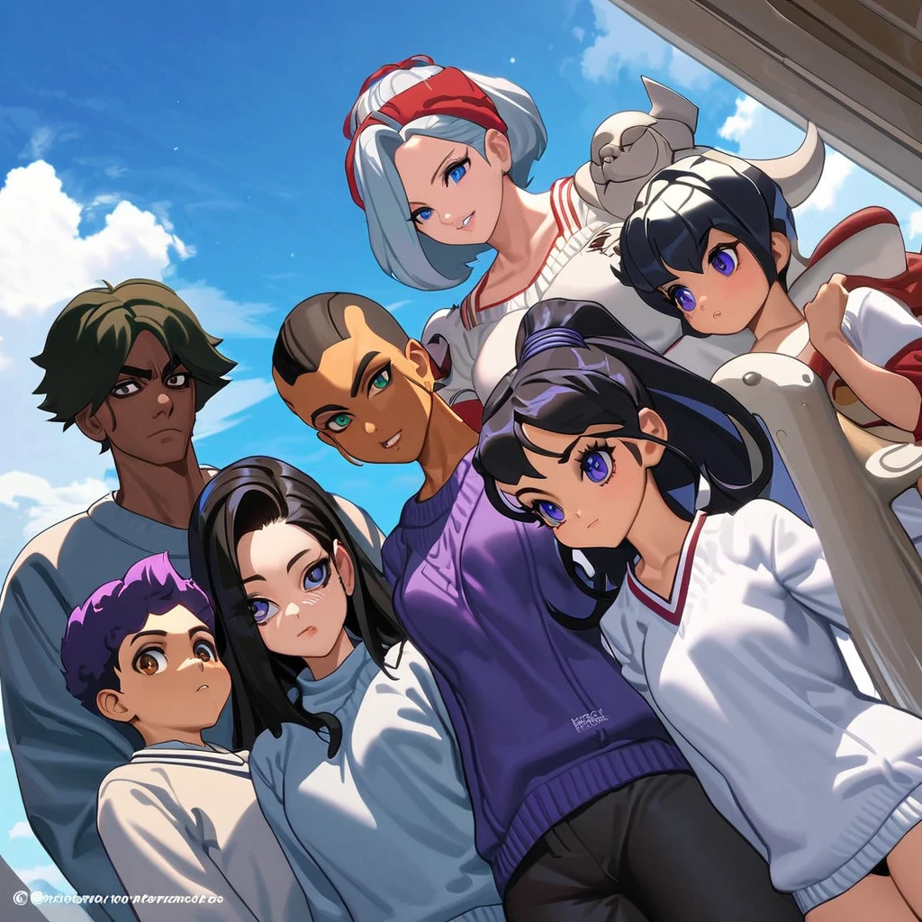 Obra de arte, melhor qualidade, extremamente detalhado,dutch angle, anime,Large school sweater, 15 anos ,dark skin tiny body,peito pequeno,baby face,hand between legs,QUEBRAR,cabelo roxo escuro multicolorido,rabo de cavalo lateral,cabelo curto com mechas longas,QUEBRAR,olhos vermelhos,sobrancelha grossa,inexpressivo,Detailed lips,False eyelashes,QUEBRAR,red cotton ribbon,QUEBRAR,QUEBRAR,microssaia,QUEBRAR,escola, Beautiful blue sky