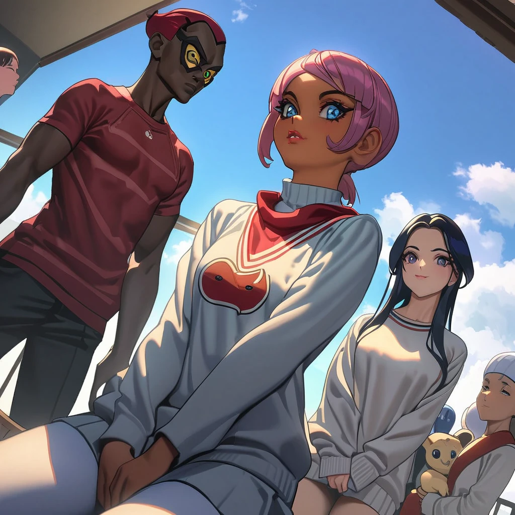 Obra de arte, melhor qualidade, extremamente detalhado,dutch angle, anime,Large school sweater, 15 anos ,dark skin tiny body,peito pequeno,baby face,hand between legs,QUEBRAR,cabelo roxo escuro multicolorido,rabo de cavalo lateral,cabelo curto com mechas longas,QUEBRAR,olhos vermelhos,sobrancelha grossa,inexpressivo,Detailed lips,False eyelashes,QUEBRAR,red cotton ribbon,QUEBRAR,QUEBRAR,microssaia,QUEBRAR,escola, Beautiful blue sky