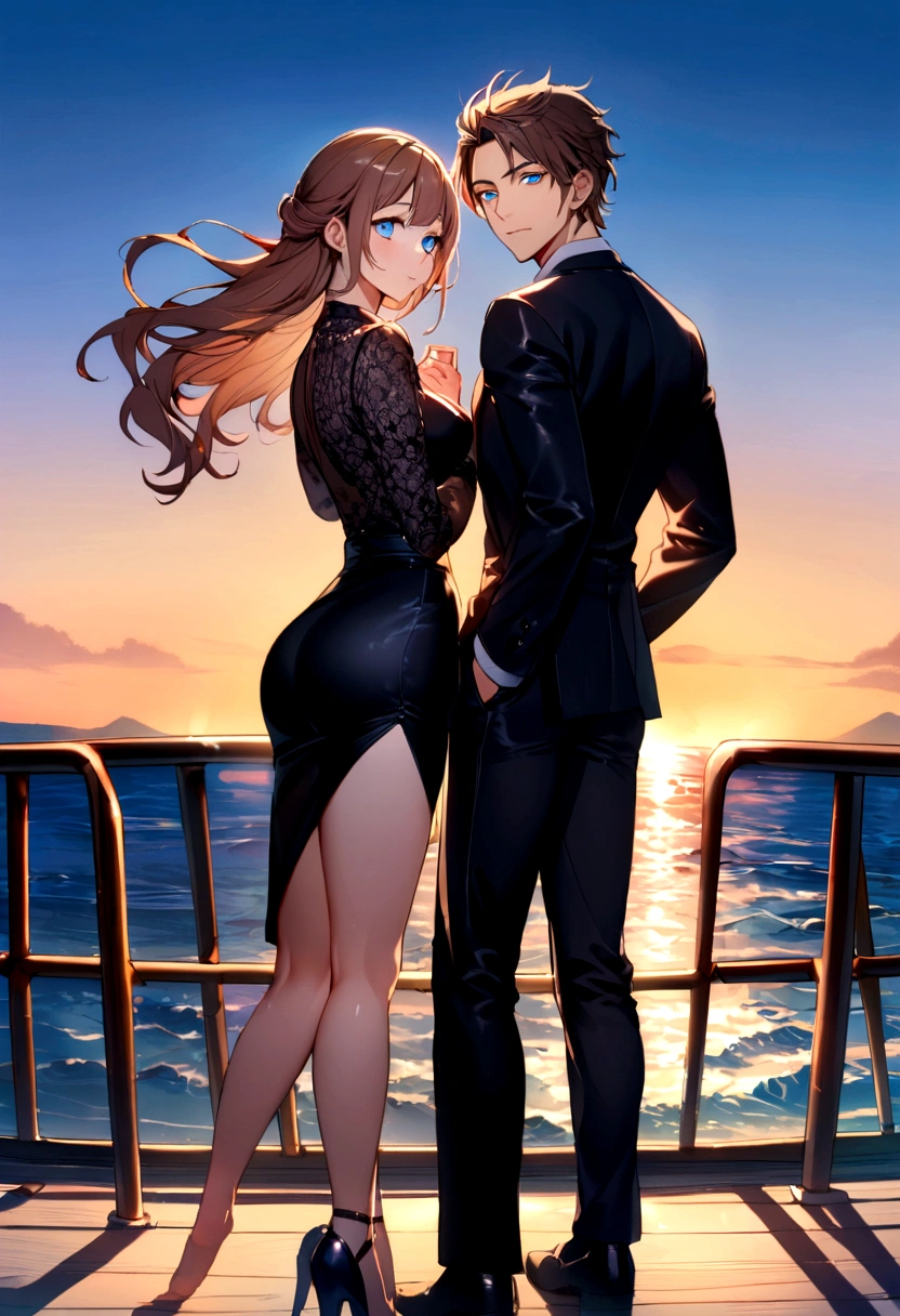 (Highest quality)Couple photo, young man,brown hair,blue eyes,Black suit shirt,middle aged woman,long hair,brown hair,blue eyes,sexy figure ,Black suit shirt,black skirt,Turn to look at the viewer,standing on the edge of the boat,Beautiful morning light(stand next to each other, overlooking the sea, Detailed background (little light pollution)) look back