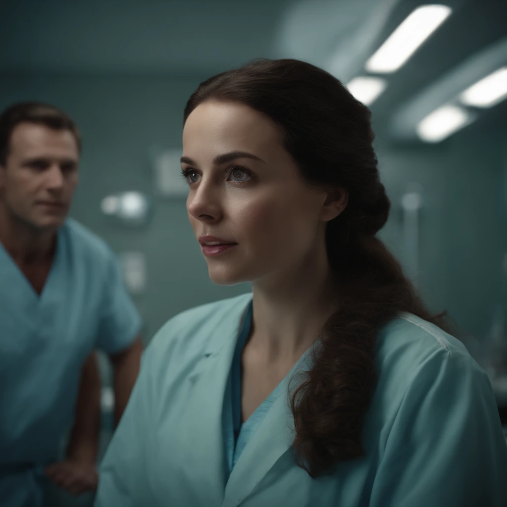 beautiful young Kaya, field hospital, weakened due to compound virus infection, nurses, doctors, scientists, special suits, soldiers, film scene, science fiction, thriller movie, (best quality,4k,8k,highres,masterpiece:1.2),ultra-detailed,(realistic,photorealistic,photo-realistic:1.37),extremely detailed face and eyes,beautiful detailed lips,longeyelashes,highly detailed medical equipment,dramatic lighting,cinematic composition,moody atmosphere,muted color palette