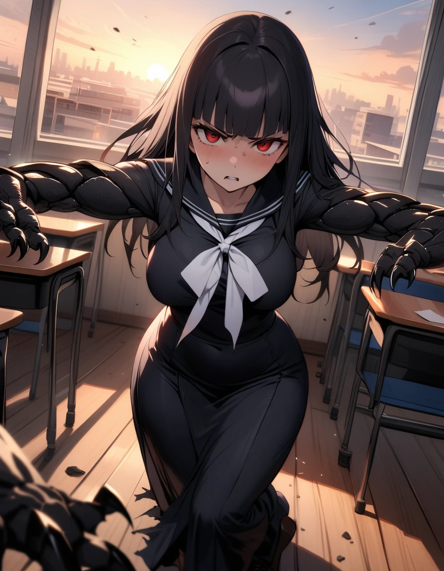 (masterpiece,best quality,very aesthetic),(ultra-detailed),nsfw,(atlach-nacha,degenerate),1girl,20yo,Statuesque,curvy,tall,long hair, black hair,straight hair,(blunt bangs),beautiful red eyes,glaring,raising a war cry,furious,rage,Hate,Abdominal injury,look down on with disdain,black serafuku in winter,long sleeves,(long skirt),white ribbon tie,torn clothes,painful,incoming attack,assaulting,swinging arm down at high speed,classroom,standing,on one knee,dusk sky,leather shoes,The setting sun is shining in the classroom,debris,(black Claws with arms fused like spider arm:1.3),solo,looking at viewer,POV,upper body