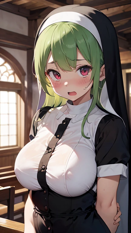 mastute piece,Best Quality,insanely detailed,8k cg,nsfw,
(shoot upper body:1.3),
(1girls:1.3),standing,looking at viewr,body in front,both arms behind back,(nun uniform:1.3),
break,
blush,shy,(ecstasy face),(trembling:1.2),break,(light green hair),
break,
perfect breasts,perfect teats,(open mouth:0.9),(large breasts:1.3),
(church)、