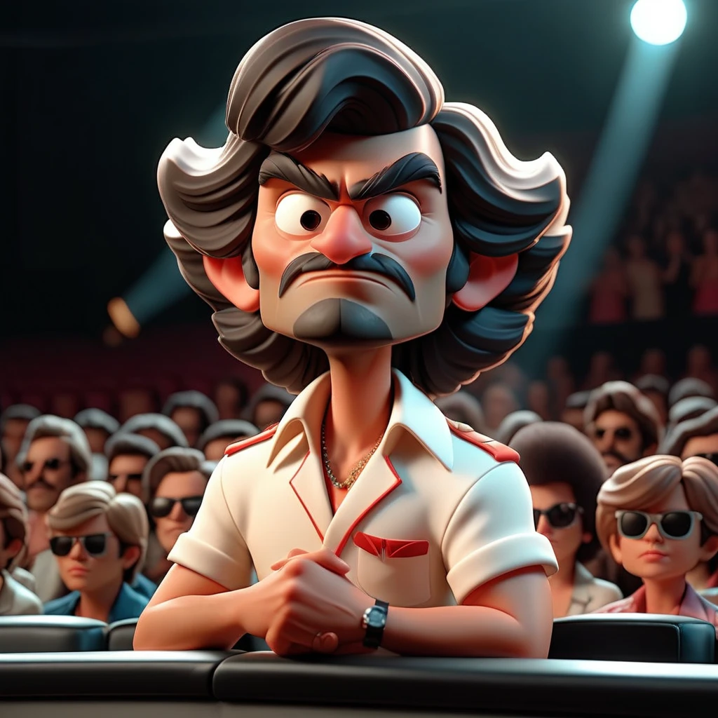 3D cinematic film.(caricature:0.2). 4k, highly detailed, Diego Verdaguer at a concert in 1980s clothing 