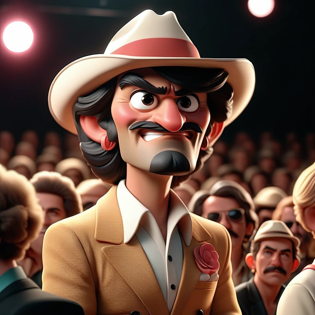 3D cinematic film.(caricature:0.2). 4k, highly detailed, Diego Verdaguer at a concert in 1980s clothing