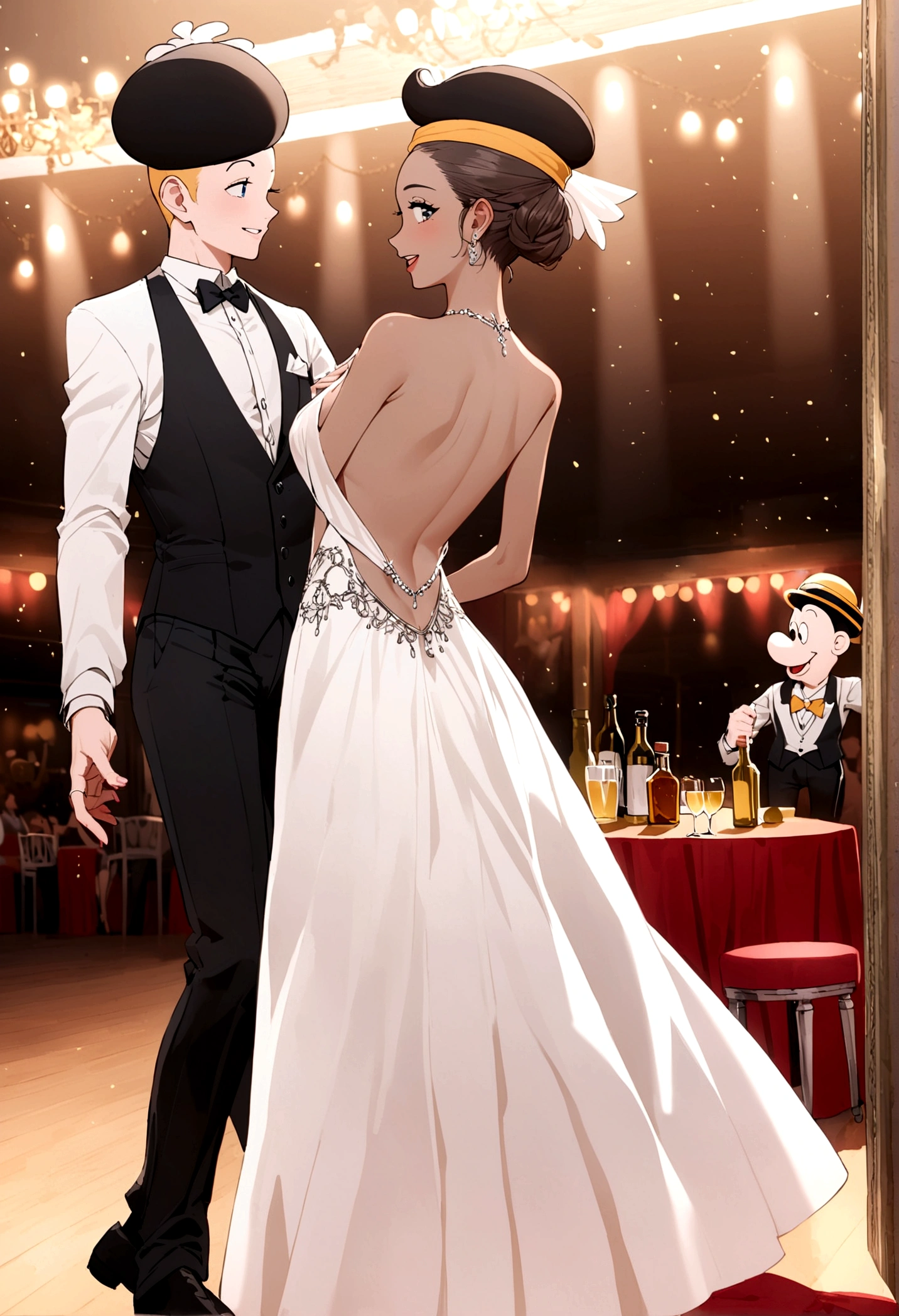 Popeye (sailor hat, cheap tuxedo) and Olive Oil (skinny, lavish evening dress with a plunging back) are celebrating their wedding anniversary dancing the Charleston, dance hall
