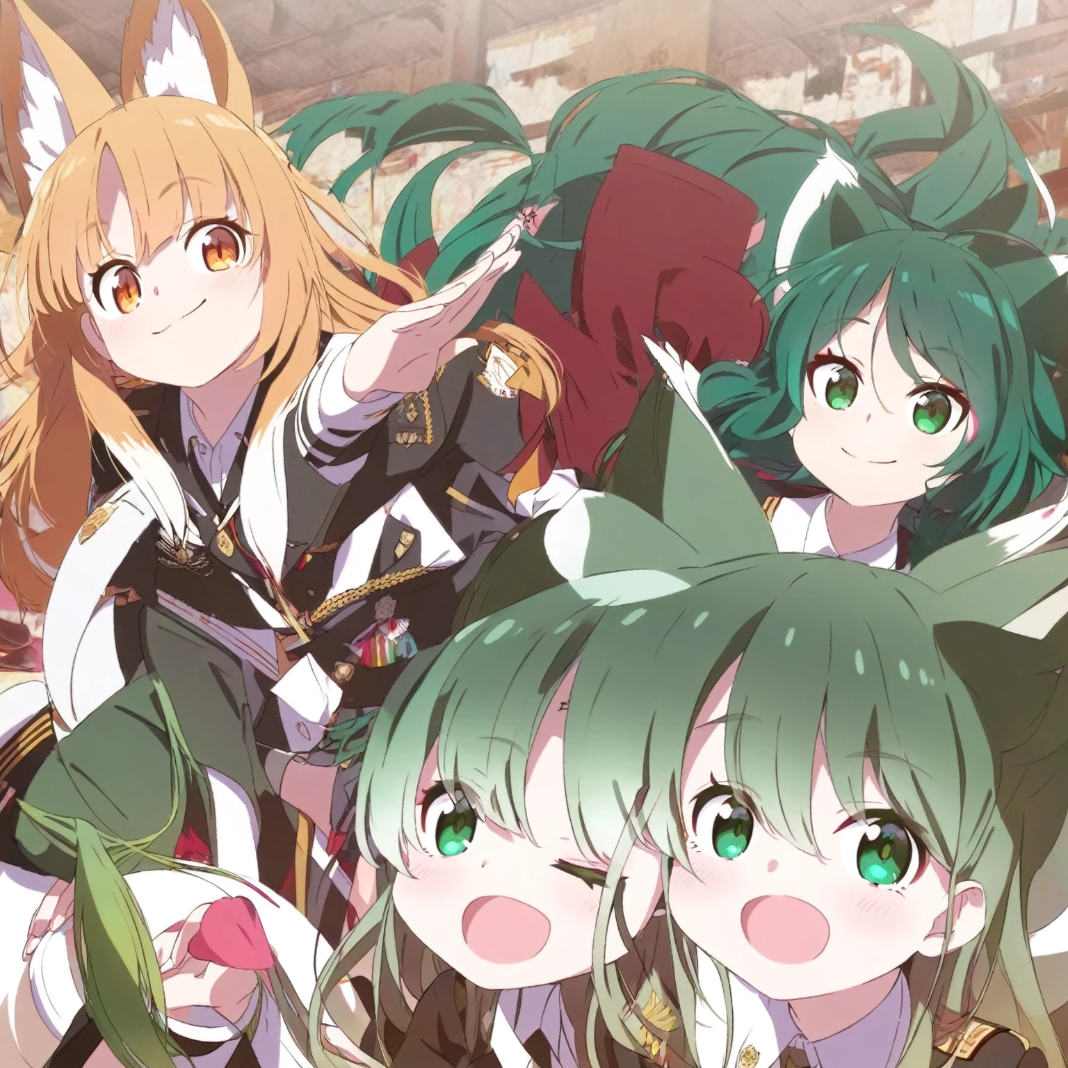 A little kitsune, ojos verdes, cabello bicolor rosado y blanco, sonriendo, orejas largas de kitsune, varias colas bicolor rosado y blanco, uniforme escolar