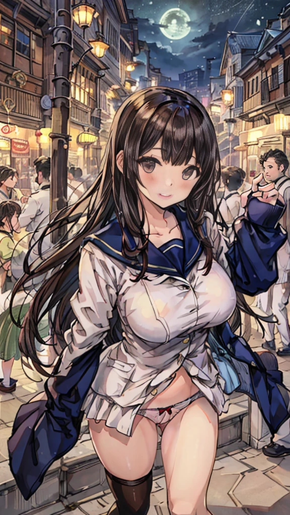 {Highest quality], [Super beautiful], [Ultra fine], [Best illustration], NSFW,Brown Hair, Hime cut, Long Hair, With bangs, girl,high school student,uniform,knit,skirt,smile, blush, Slender women, Adult women,Standing posture,(Public),Night Park,Summer festival,diagonal, Navy blue knee socks,Black Loafers、Stripes々
Panties、In underwear