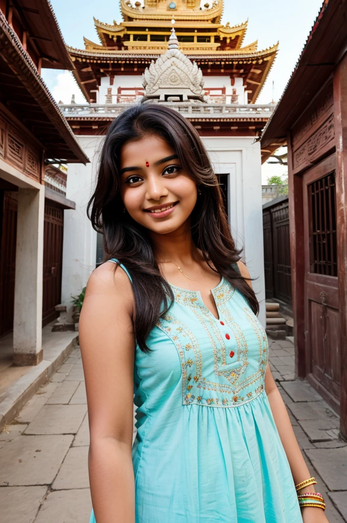 A selfie of a young Indian girl wearing kurti infront of a temple with shoulder length open hair and smiling..chubby with fair complexion 
